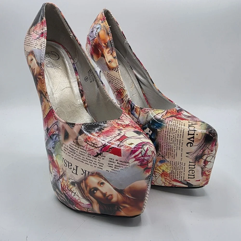 Rosette Platform Stiletto Heels 8 Magazine Collage Print Stripper Clubwear Elle